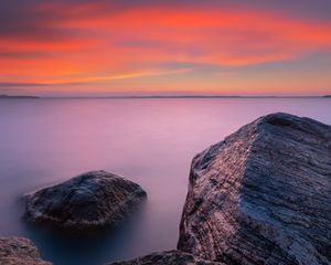 Превью обои скалы, море, закат, небо, горизонт, вечер
