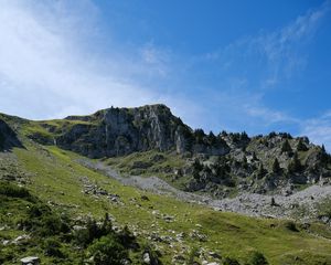 Превью обои скалы, пейзаж, склон, трава, природа