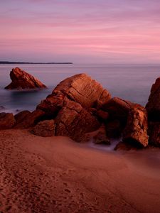 Превью обои скалы, песок, море, небо