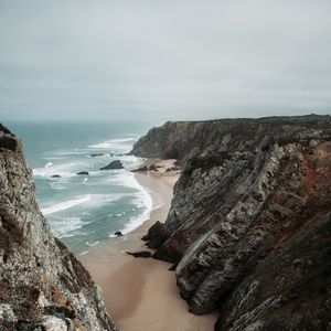 Превью обои скалы, побережье, море, прибой, песок