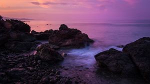 Превью обои скалы, побережье, море, закат, небо