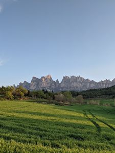 Превью обои скалы, поле, трава, деревья, пейзаж