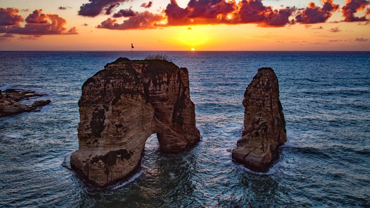 Обои скалы рауше, бейрут, ливан, море, закат