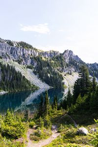 Превью обои скалы, река, деревья, ель, небо