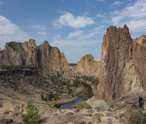 Превью обои скалы, река, деревья, пейзаж