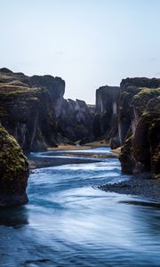 Превью обои скалы, река, пейзаж, природа