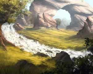 Превью обои скалы, река, трава, арка, арт