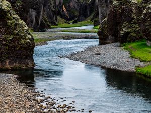 Превью обои скалы, ручей, галька, природа