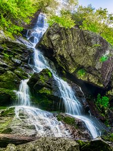 Превью обои скалы, ручей, водопад, лес