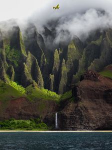 Превью обои скалы, самолет, водопад, туман, вода