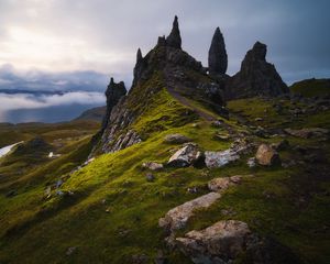 Превью обои скалы, склон, трава, камни, долина