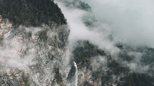 Превью обои скалы, туман, деревья, ель, облака