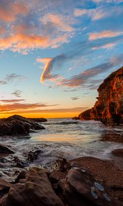 Превью обои скалы, вода, берег, закат, природа