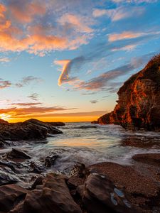 Превью обои скалы, вода, берег, закат, природа