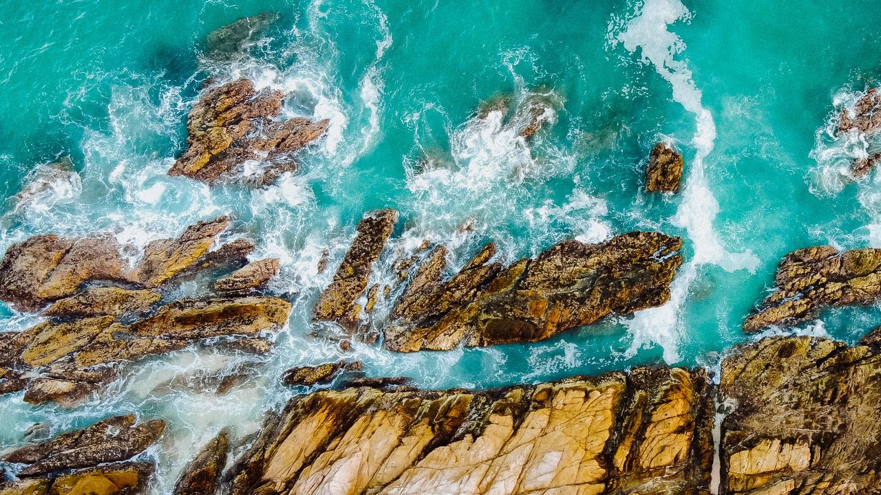 Обои скалы, вода, вид сверху, море, волны