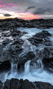 Превью обои скалы, вода, водопад, пейзаж, сумерки