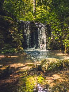 Превью обои скалы, водопад, деревья, природа, пейзаж