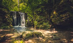 Превью обои скалы, водопад, деревья, природа, пейзаж