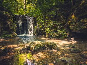 Превью обои скалы, водопад, деревья, природа, пейзаж