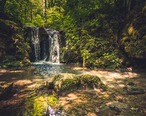 Превью обои скалы, водопад, деревья, природа, пейзаж