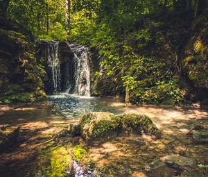 Превью обои скалы, водопад, деревья, природа, пейзаж