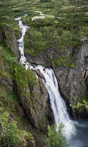 Превью обои скалы, водопад, деревья, пейзаж