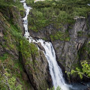 Превью обои скалы, водопад, деревья, пейзаж