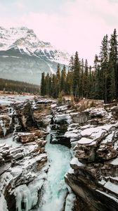 Превью обои скалы, водопад, лед, снег, горы, заснеженный