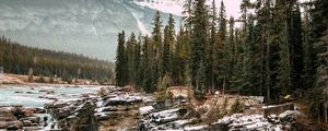 Превью обои скалы, водопад, лед, снег, горы, заснеженный