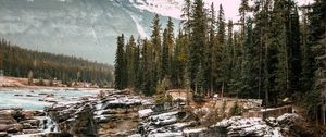 Превью обои скалы, водопад, лед, снег, горы, заснеженный