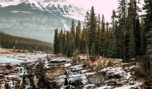 Превью обои скалы, водопад, лед, снег, горы, заснеженный