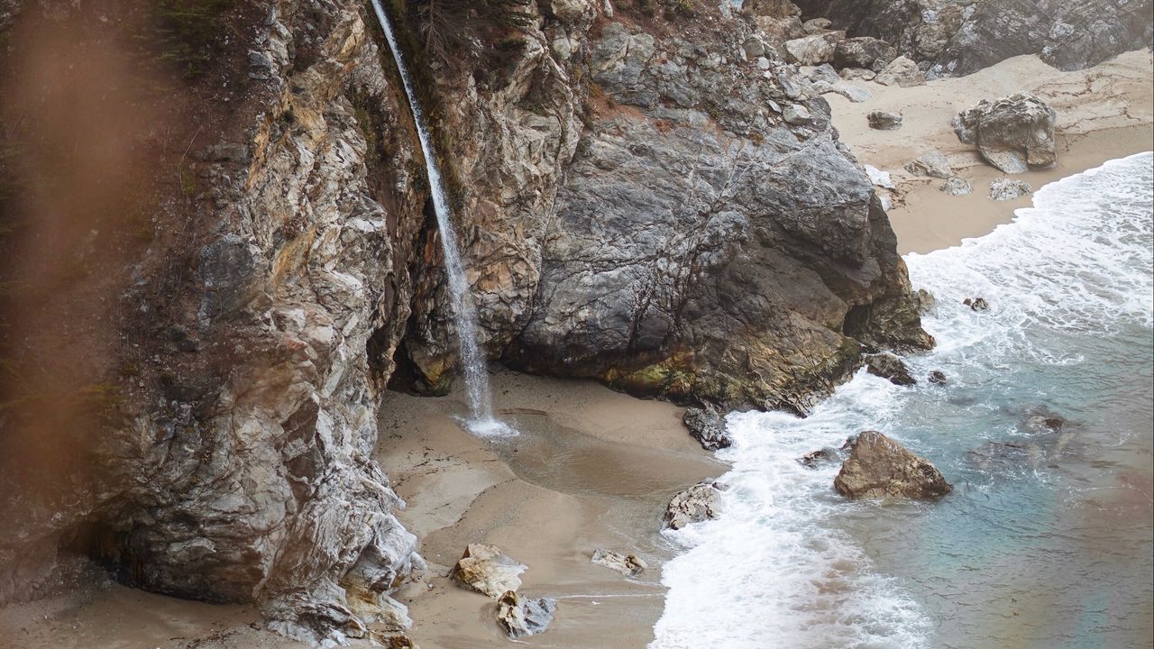 Обои скалы, водопад, море, побережье, пляж