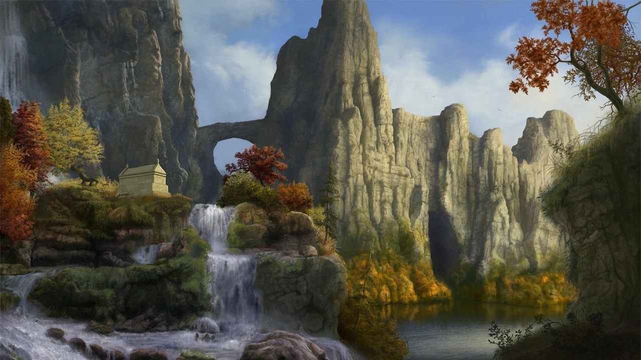 Обои скалы, водопад, небо, природа, деревья