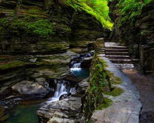 Превью обои скалы, водопад, ступени, тропа, природа, растения