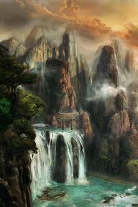Превью обои скалы, водопад, туман, природа