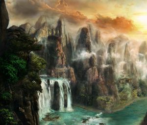 Превью обои скалы, водопад, туман, природа