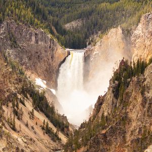 Превью обои скалы, водопад, вода, деревья, вид сверху