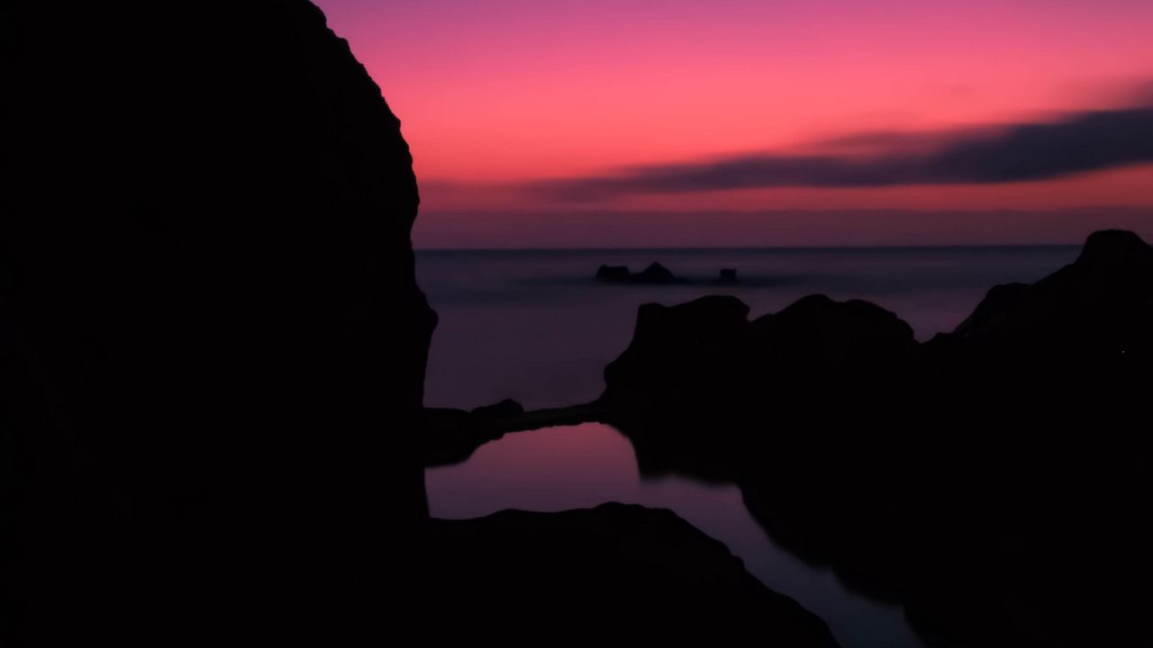Обои скалы, закат, море, горизонт, небо