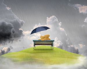 Превью обои скамейка, дождь, плюшевый медведь, любовь