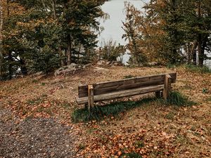 Превью обои скамейка, лавка, деревья, природа, осень