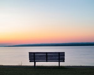 Превью обои скамейка, море, вид, рассвет, природа