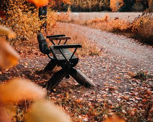 Превью обои скамейка, природа, осень, листья, листва, желтый