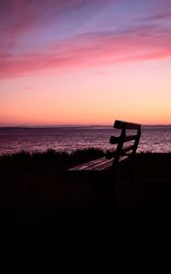 Превью обои скамейка, закат, море, горизонт, меланхолия, одиночество