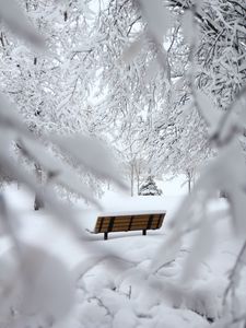 Превью обои скамейка, зима, снег, ветки, минимализм