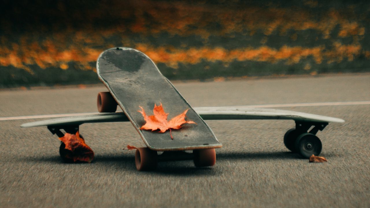 Обои скейт, скейтборд, асфальт, листья, осень