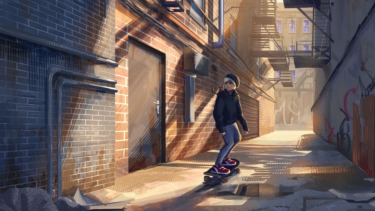 Обои скейтер, скейт, улица, переулок, арт