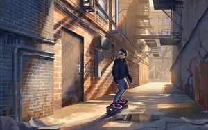 Превью обои скейтер, скейт, улица, переулок, арт