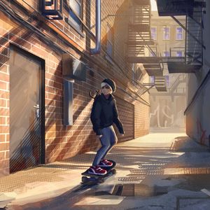 Превью обои скейтер, скейт, улица, переулок, арт
