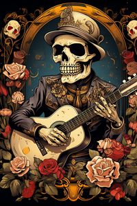 Превью обои скелет, гитара, рамка, цветы, арт