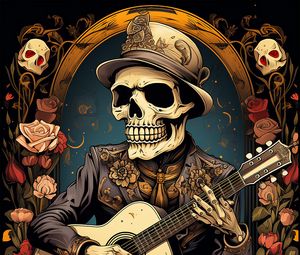 Превью обои скелет, гитара, рамка, цветы, арт